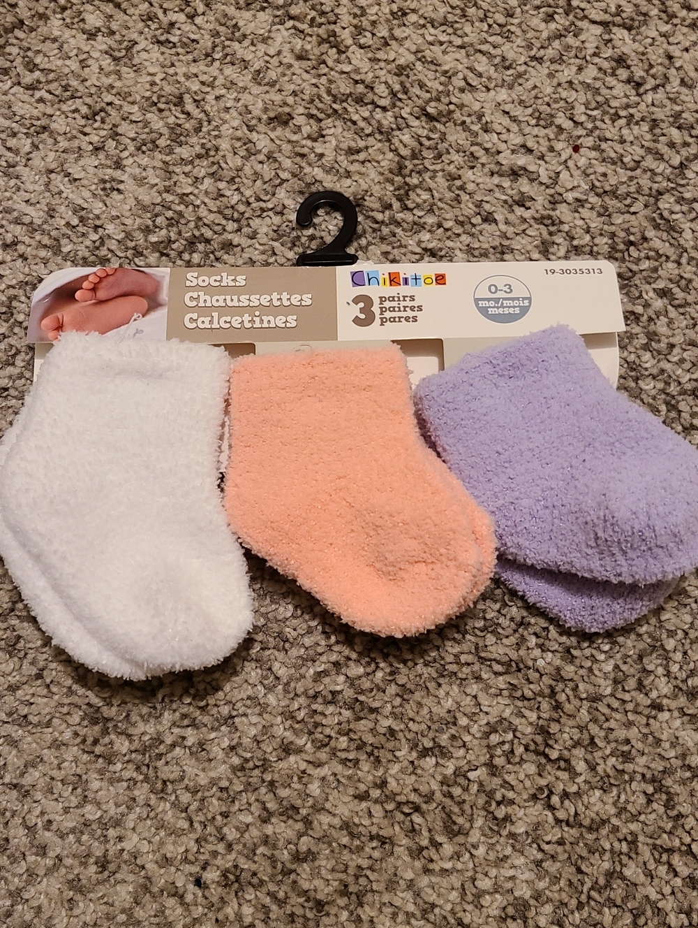 3-Pack Plush Baby Socks - White, Peach, Lavender